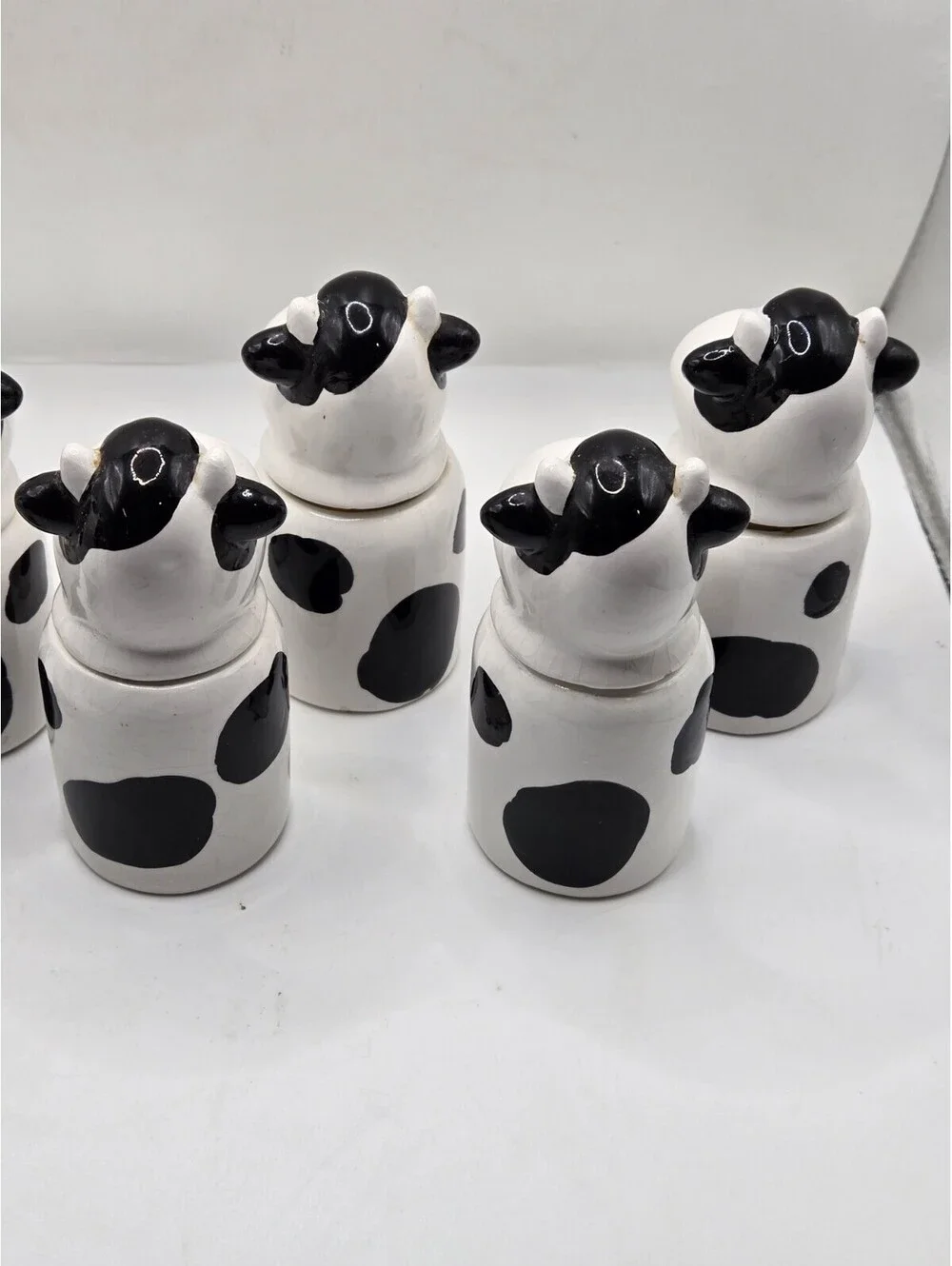 Vtg Ceramic Cow Spice Jars Shakers Set of 7 Black White Country Kitchen AS IS